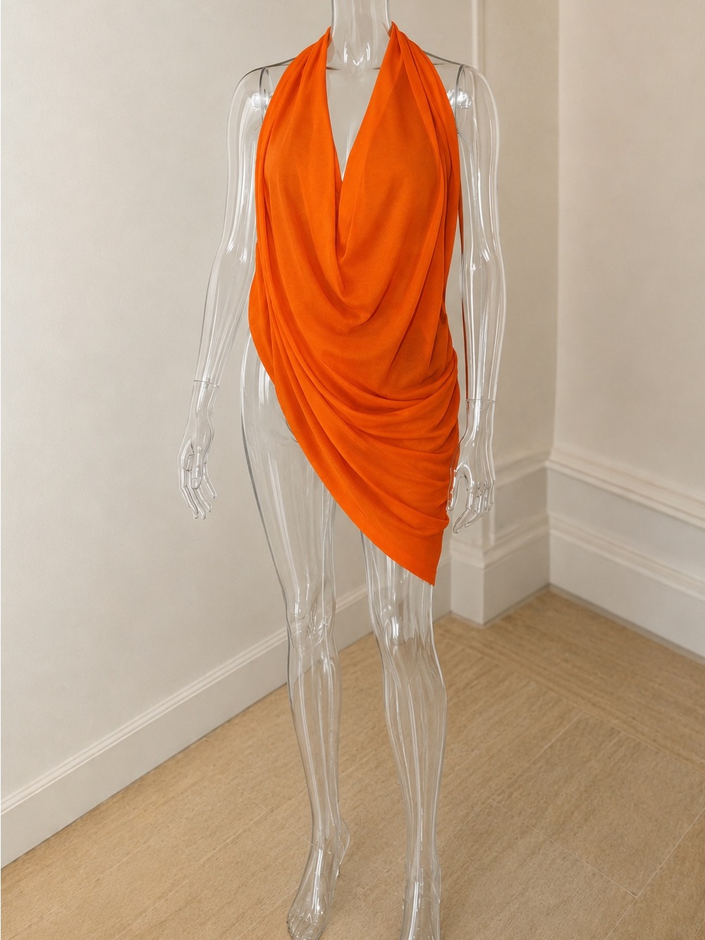 Sleeveless Draped Halter Blouse in Bright Orange